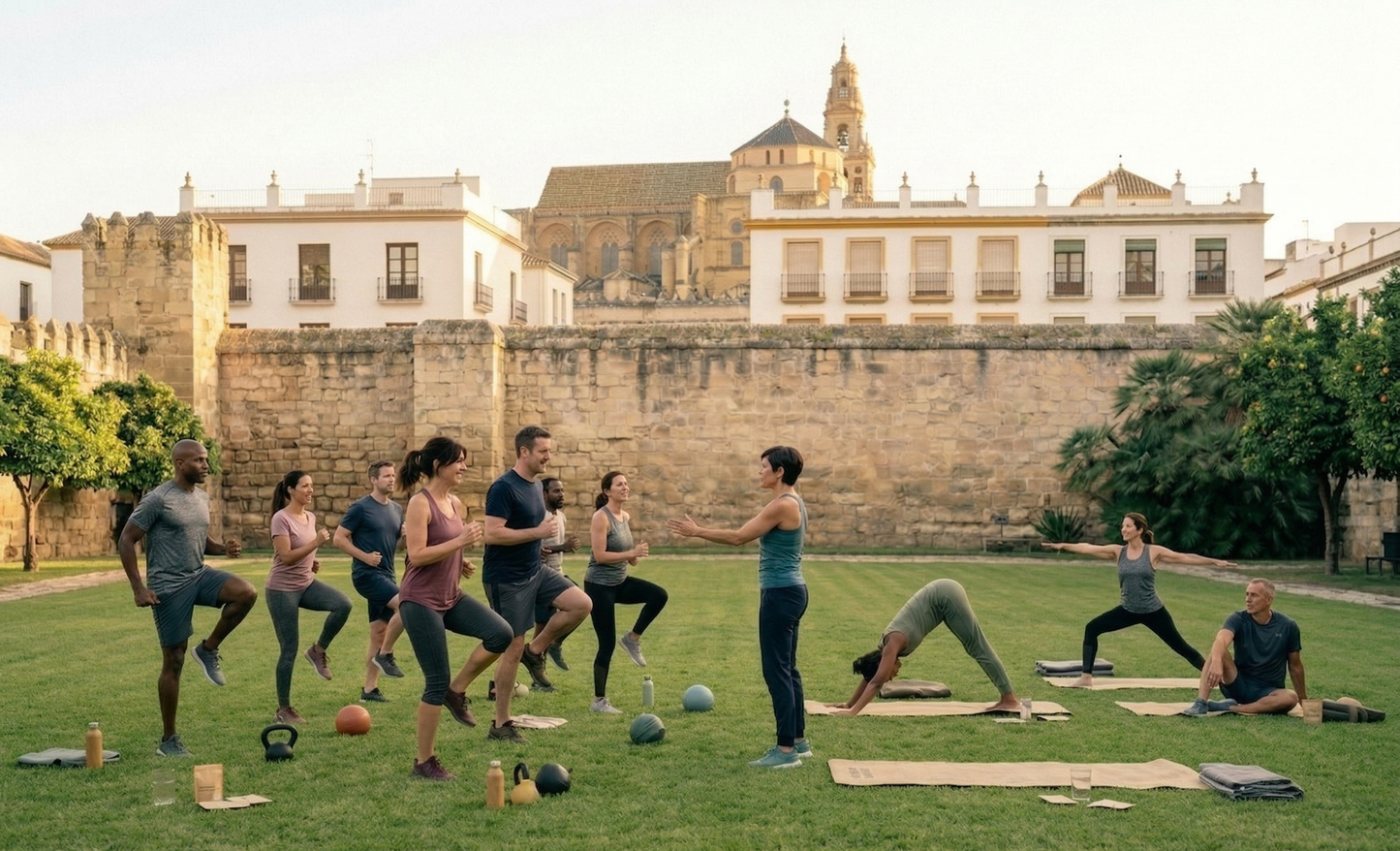Grupo entrenando al aire libre con edificio histórico de fondo, entorno activo mediterráneo