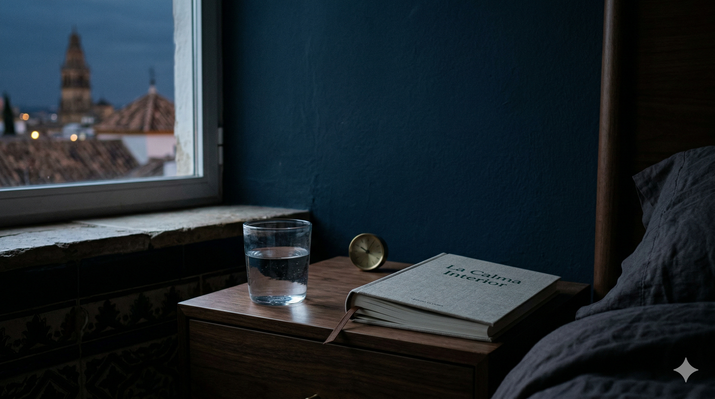 Mesita de noche con libro abierto y vaso de agua al amanecer, rutina matinal