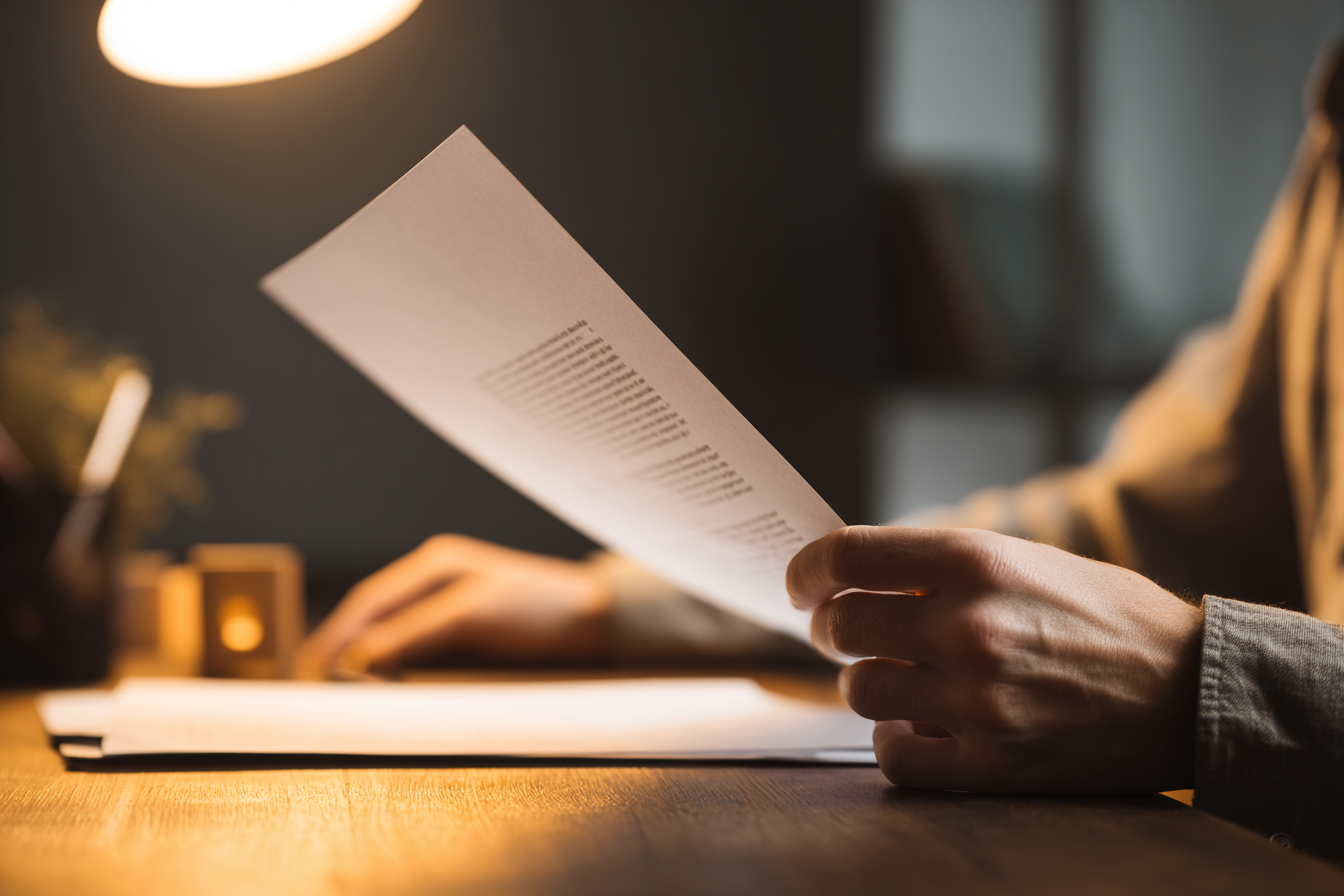 Persona revisando un documento impreso en un escritorio con luz cálida