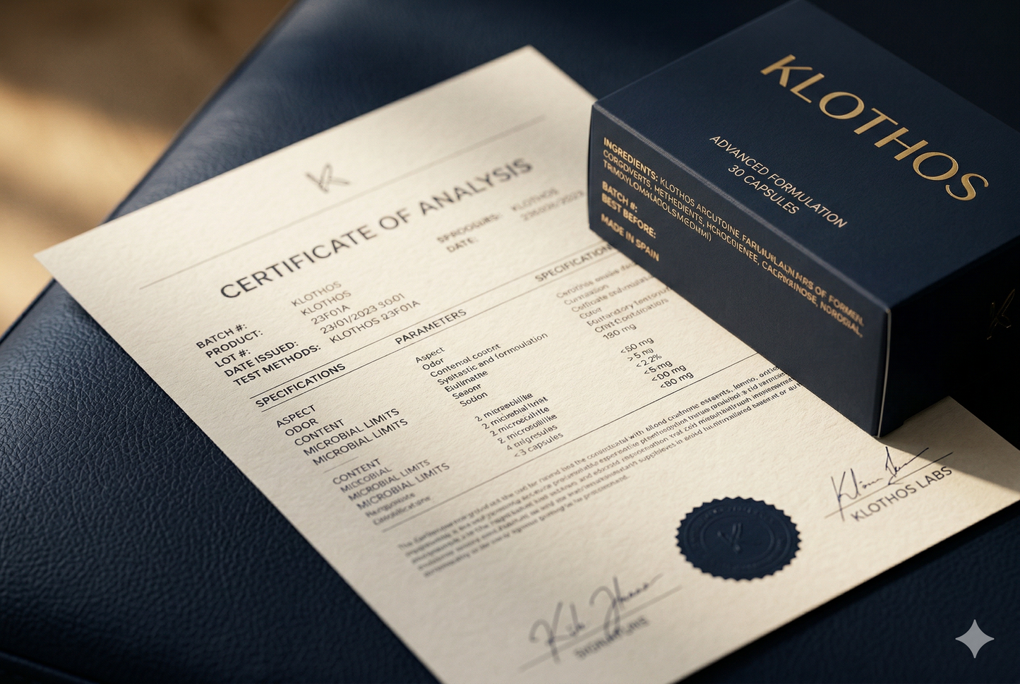 Certificado de análisis impreso junto a la caja KLOTHOS, mostrando trazabilidad por lote