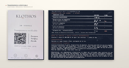 Etiqueta de KLOTHOS: frontal con código QR de verificación por lote y dorso con la composición por sobre, modo de empleo e ingredientes