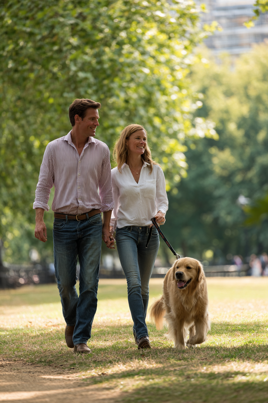 Pareja paseando con un perro al aire libre en un parque, representando actividad diaria sostenida