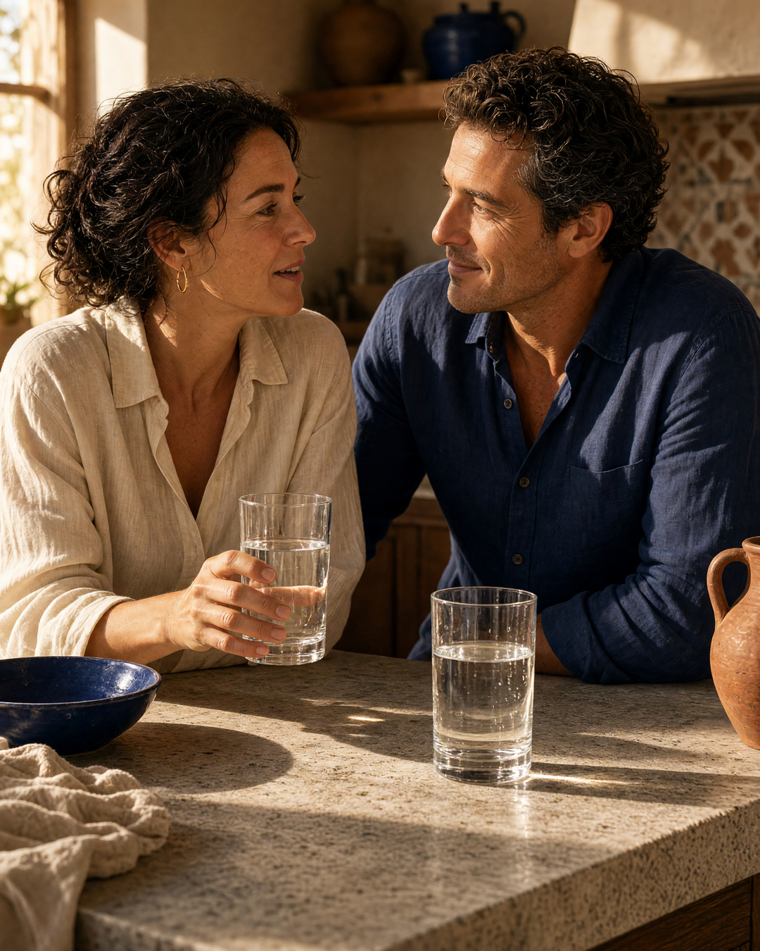 Casal adulto a conversar numa cozinha mediterrânica junto a dois copos de água.