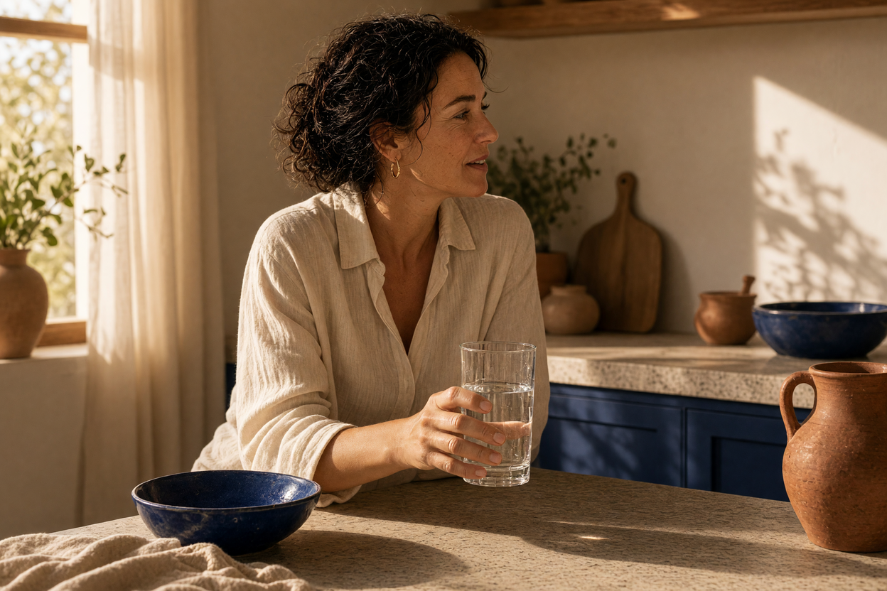 Mulher adulta com um copo de água numa cozinha mediterrânica iluminada pelo sol.