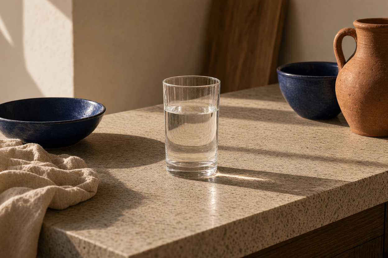 Vaso de agua sobre una encimera de piedra con cerámica azul y terracota.
