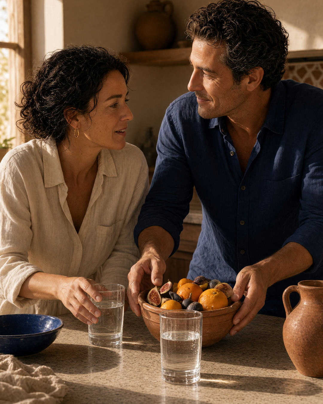 Casal adulto numa cozinha mediterrânica junto a uma taça de fruta e copos de água.